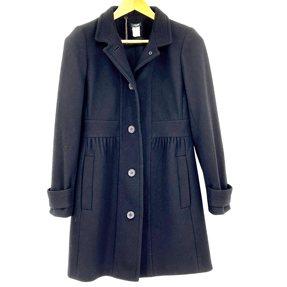 J.Crew Black Wool Coat Women's Lady Day Midi Fit & Flare Pleated‎ A-Line Size 8 - Picture 2 of 9